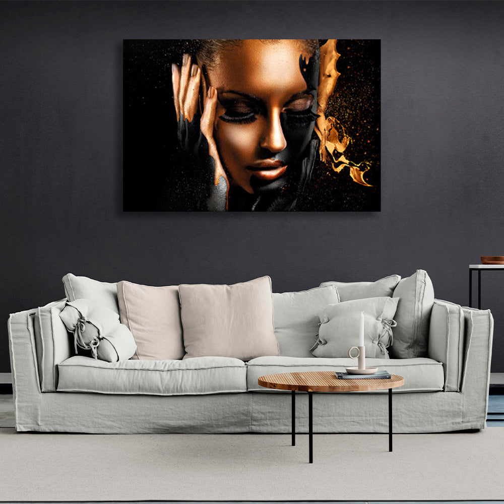 Girl with long eyelashes in black and gold colors Canvas Wall Art Print