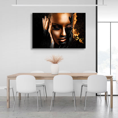 Girl with long eyelashes in black and gold colors Canvas Wall Art Print