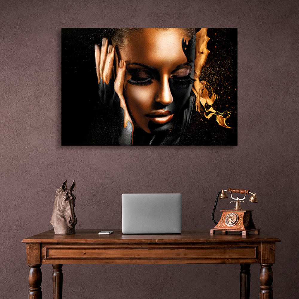 Girl with long eyelashes in black and gold colors Canvas Wall Art Print