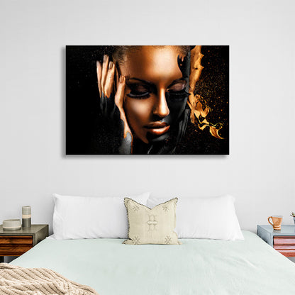 Girl with long eyelashes in black and gold colors Canvas Wall Art Print