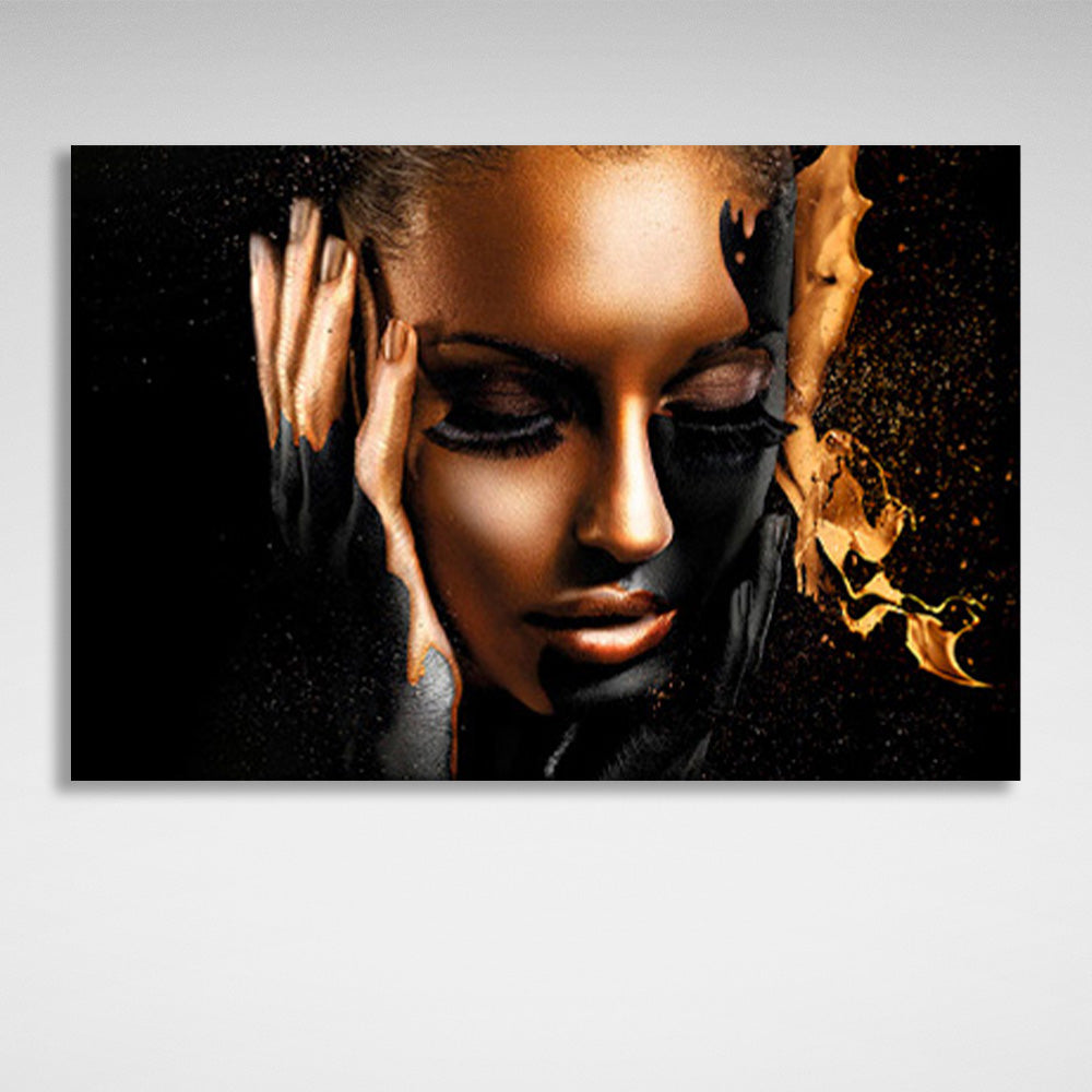 Girl with long eyelashes in black and gold colors Canvas Wall Art Print