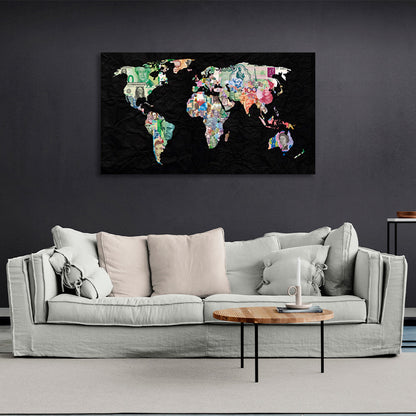 Multicolored world map on black background Canvas Wall Art Print