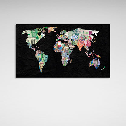 Multicolored world map on black background Canvas Wall Art Print