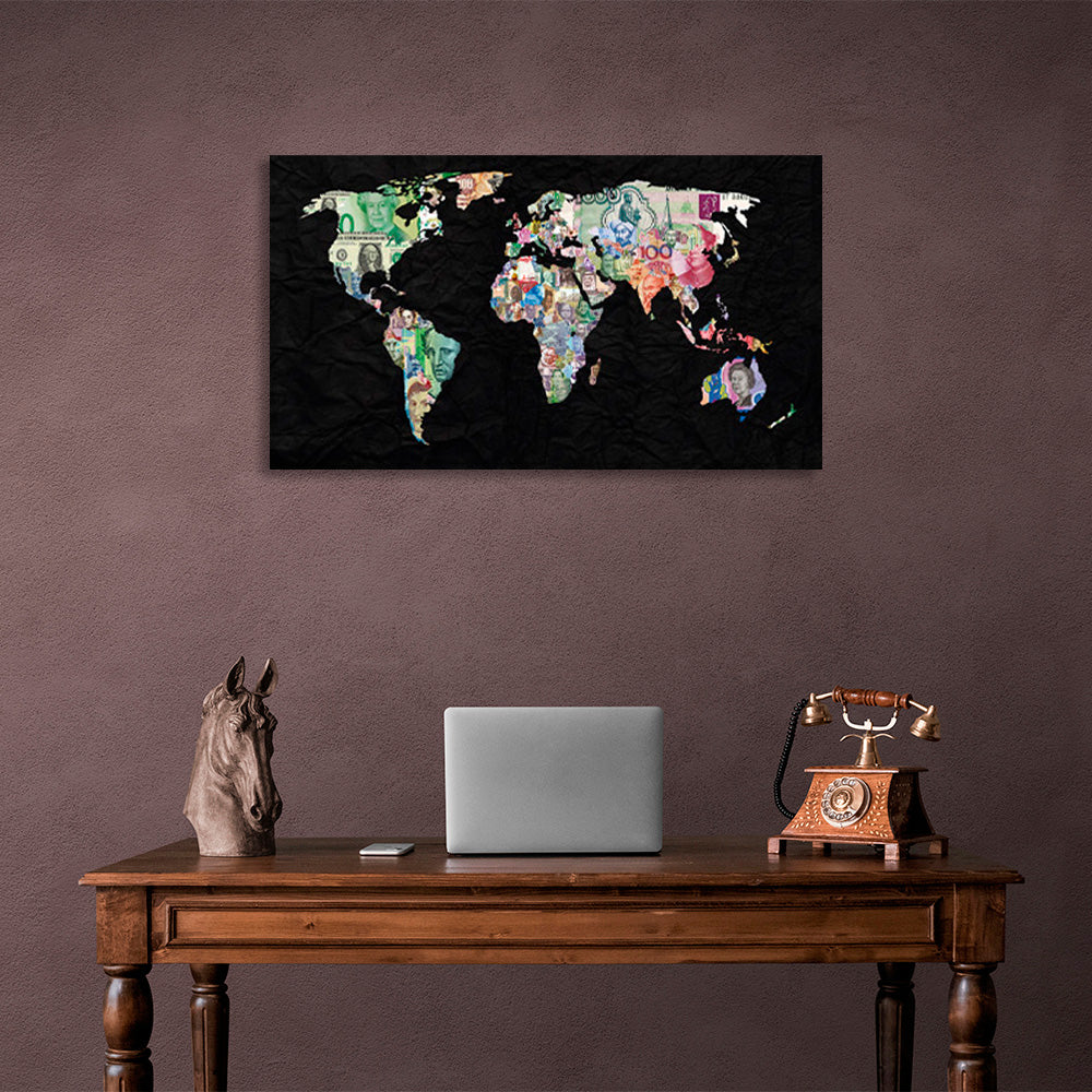 Multicolored world map on black background Canvas Wall Art Print