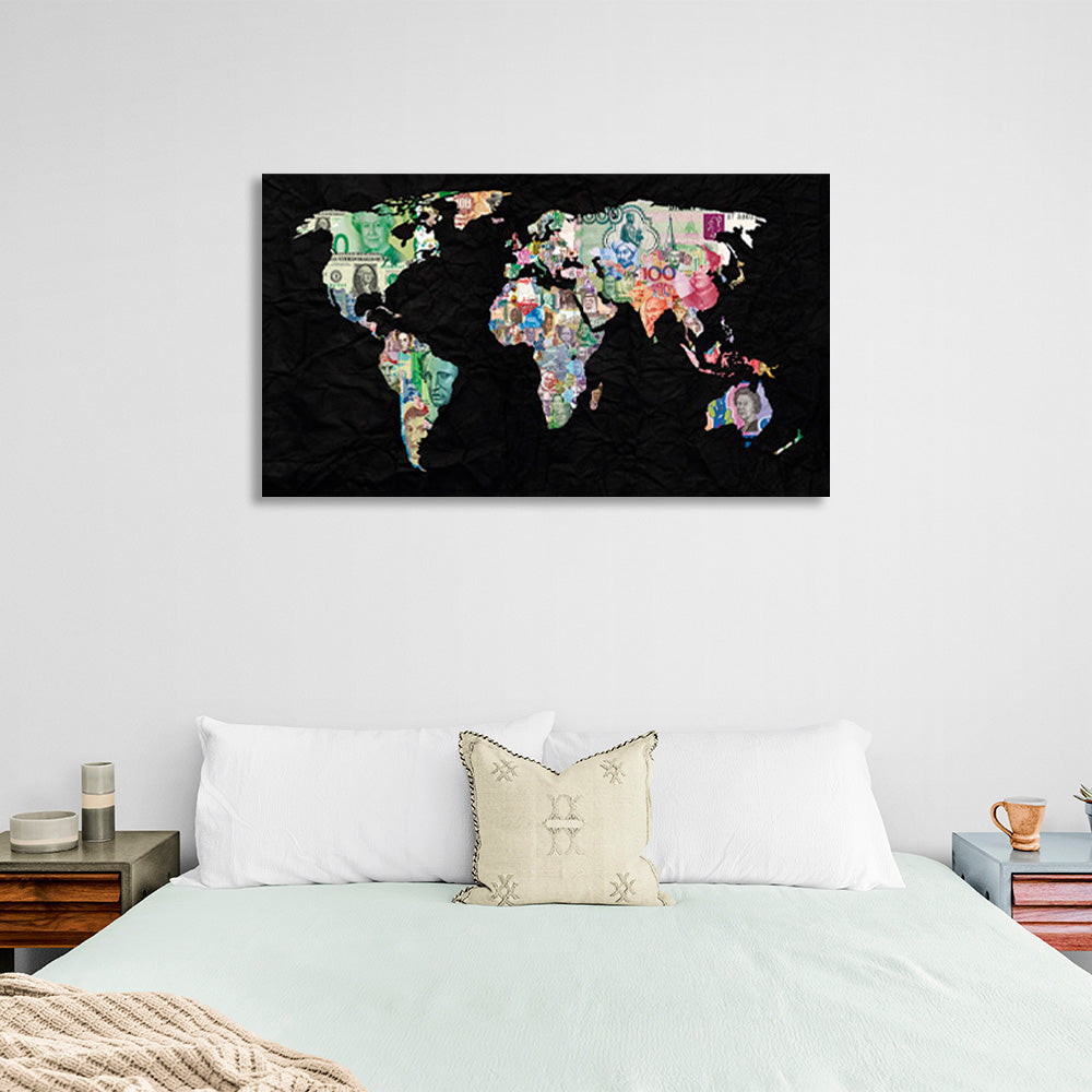 Multicolored world map on black background Canvas Wall Art Print