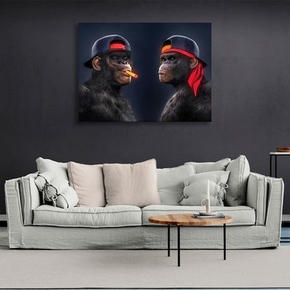 Two black gorillas with caps and one cigar Canvas Wall Art Print