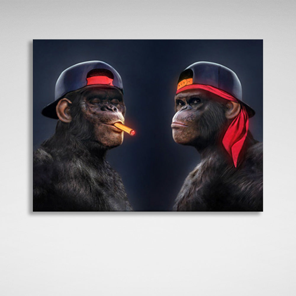 Two black gorillas with caps and one cigar Canvas Wall Art Print