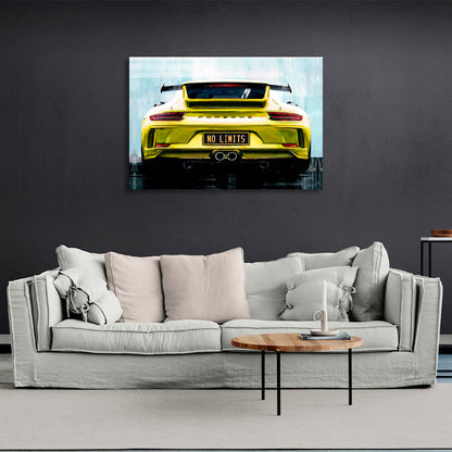 Porsche on the back of the "no limit" license plates Canvas Wall Art Print