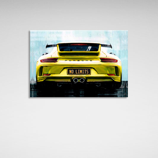 Porsche on the back of the "no limit" license plates Canvas Wall Art Print