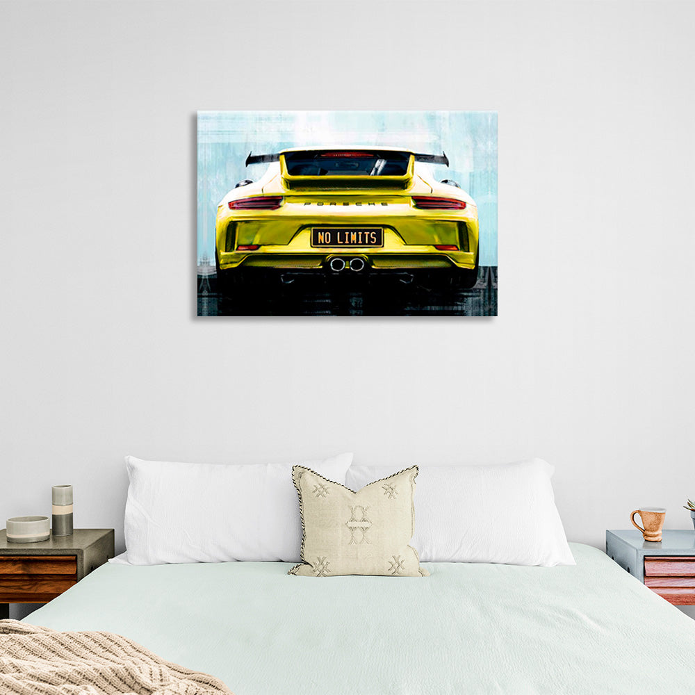 Porsche on the back of the "no limit" license plates Canvas Wall Art Print