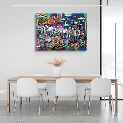 Black and white coloring of people against a background of bright graffiti Canvas Wall Art Print