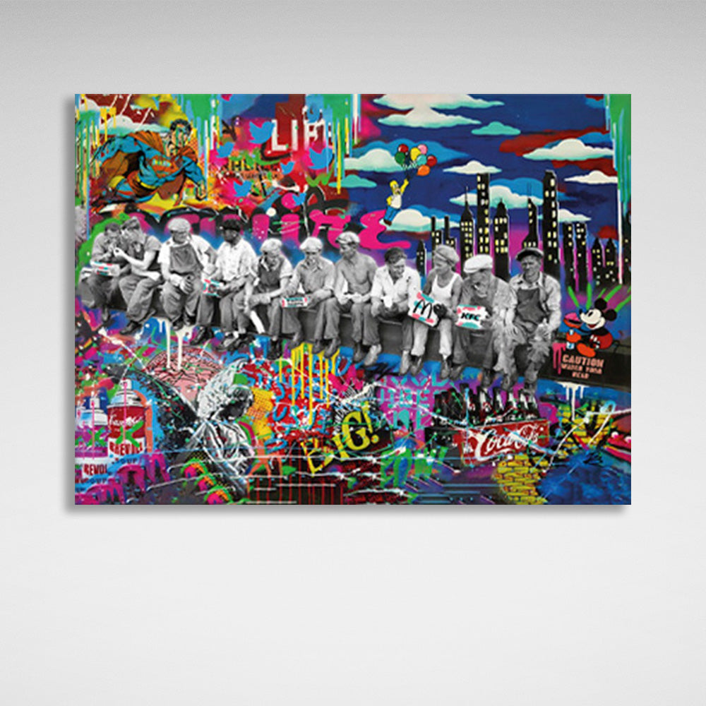 Black and white coloring of people against a background of bright graffiti Canvas Wall Art Print