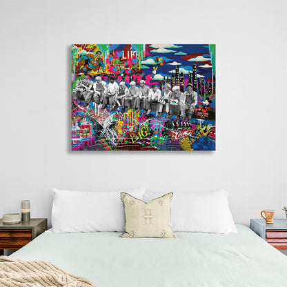 Black and white coloring of people against a background of bright graffiti Canvas Wall Art Print