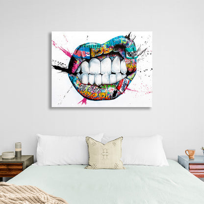 Graffiti-style lips on a white background with paint stains Canvas Wall Art Print