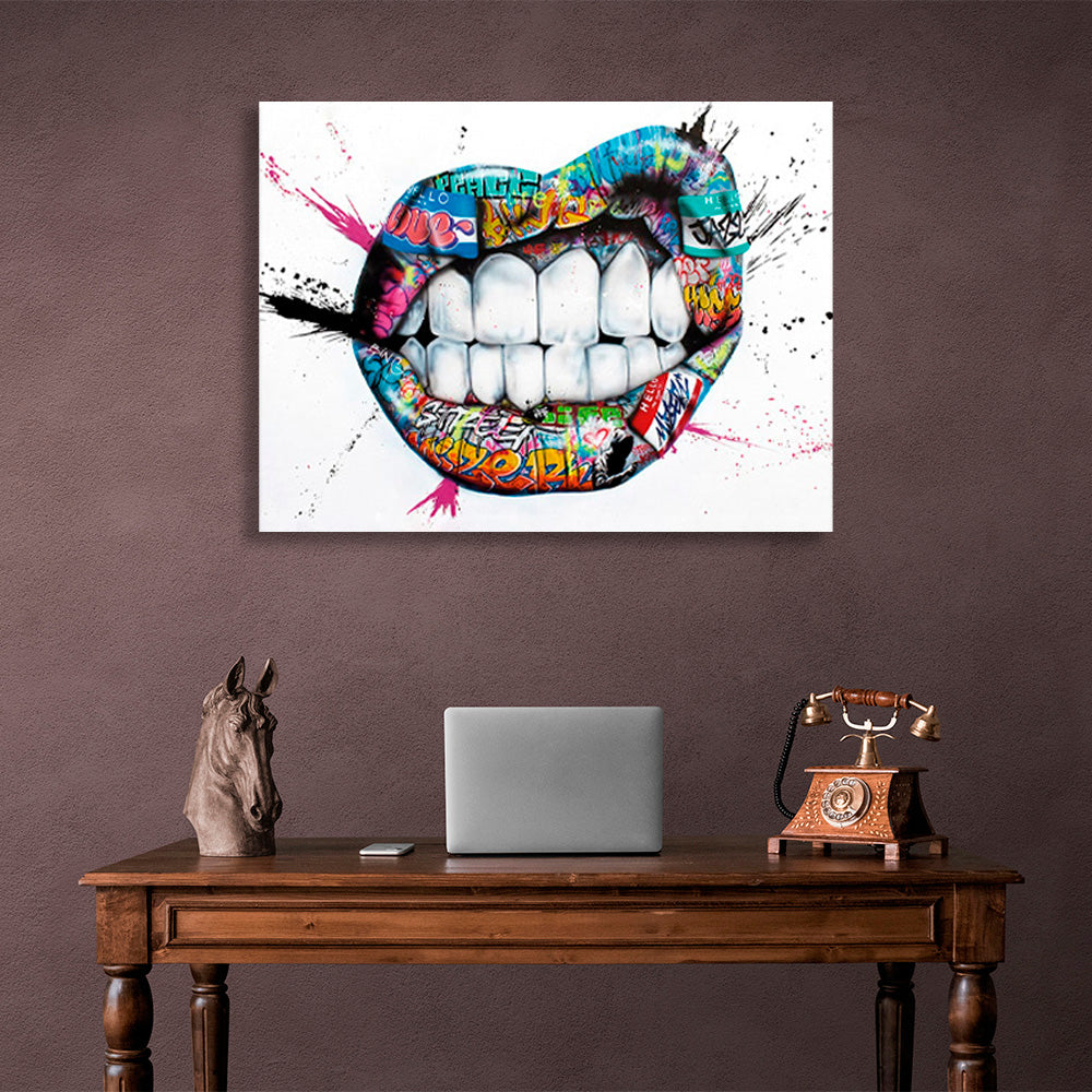 Graffiti-style lips on a white background with paint stains Canvas Wall Art Print