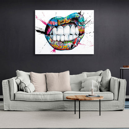 Graffiti-style lips on a white background with paint stains Canvas Wall Art Print