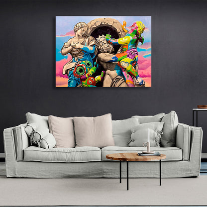 Three Greek statues with one cartoon character Canvas Wall Art Print