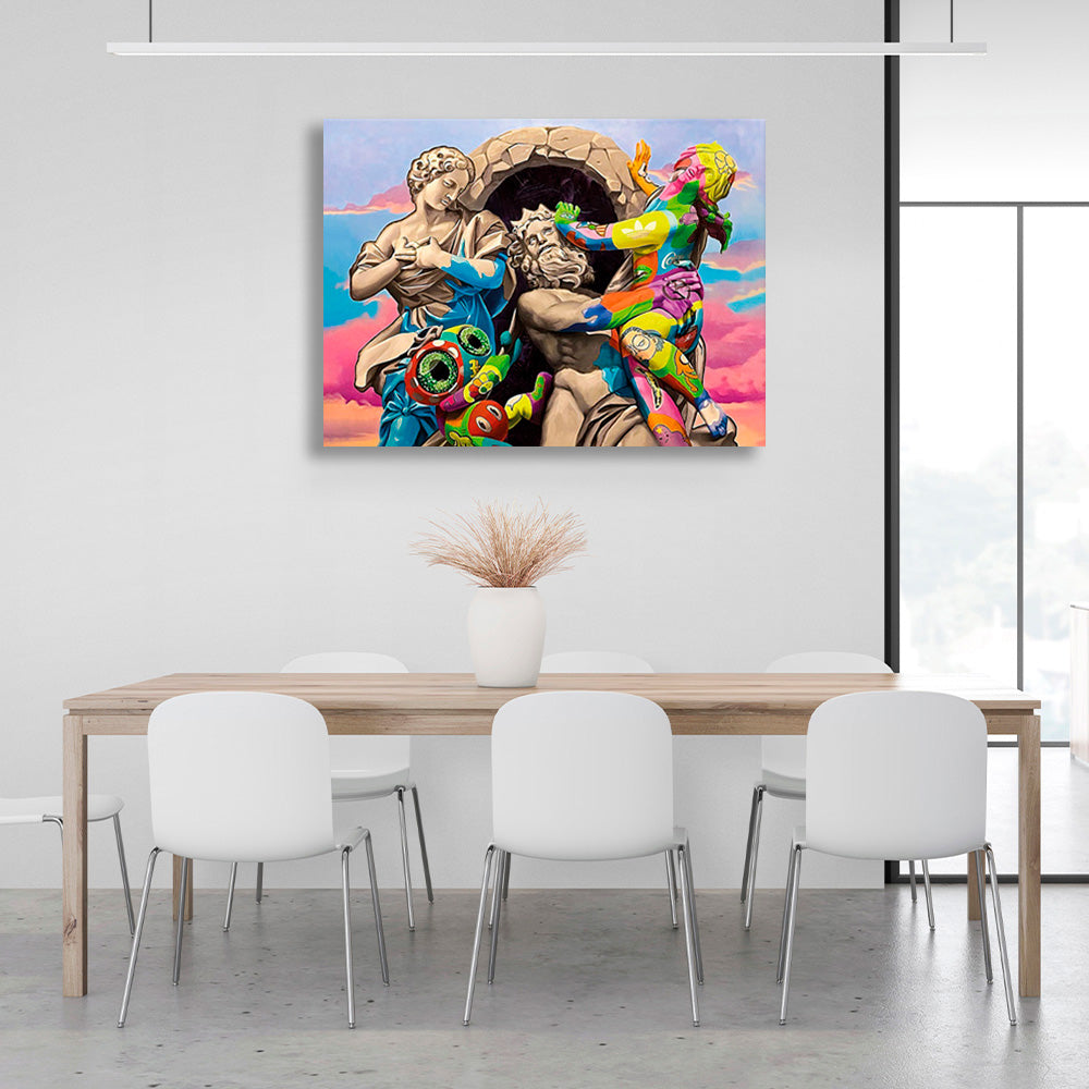 Three Greek statues with one cartoon character Canvas Wall Art Print