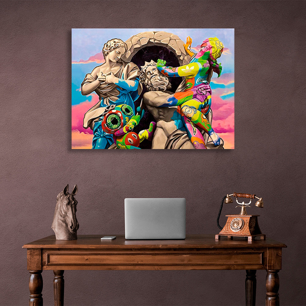 Three Greek statues with one cartoon character Canvas Wall Art Print