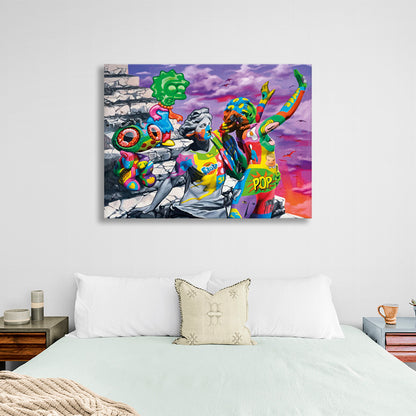 2 Greek statues and 2 cartoon characters Canvas Wall Art Print