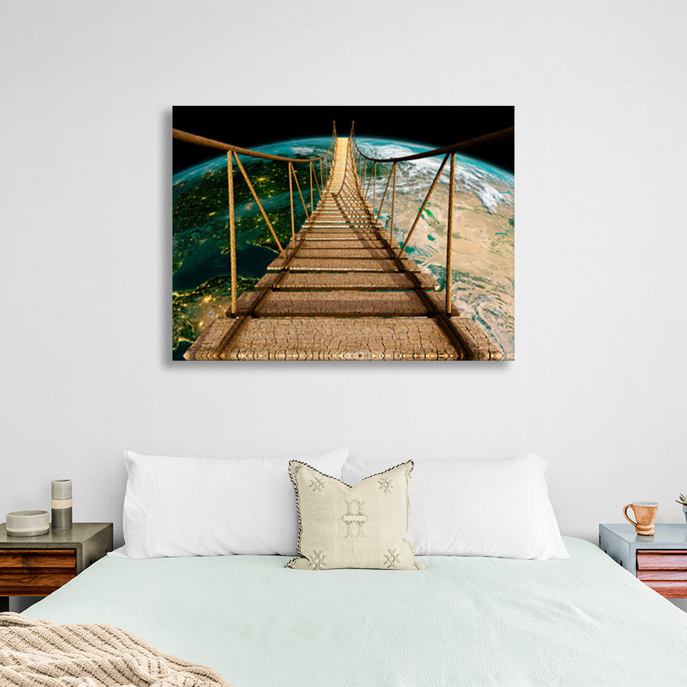 A rope bridge over planet Earth Canvas Wall Art Print