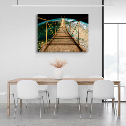 A rope bridge over planet Earth Canvas Wall Art Print