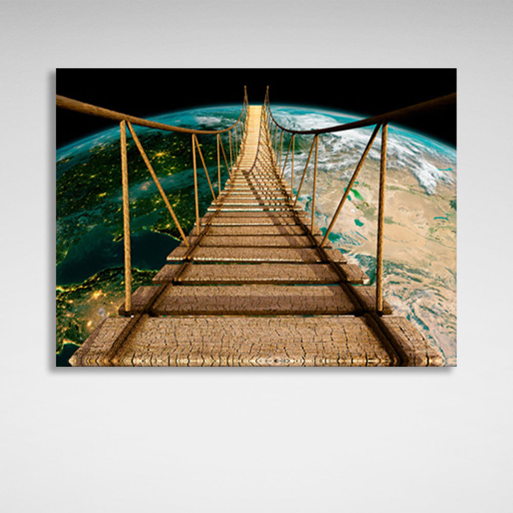 A rope bridge over planet Earth Canvas Wall Art Print