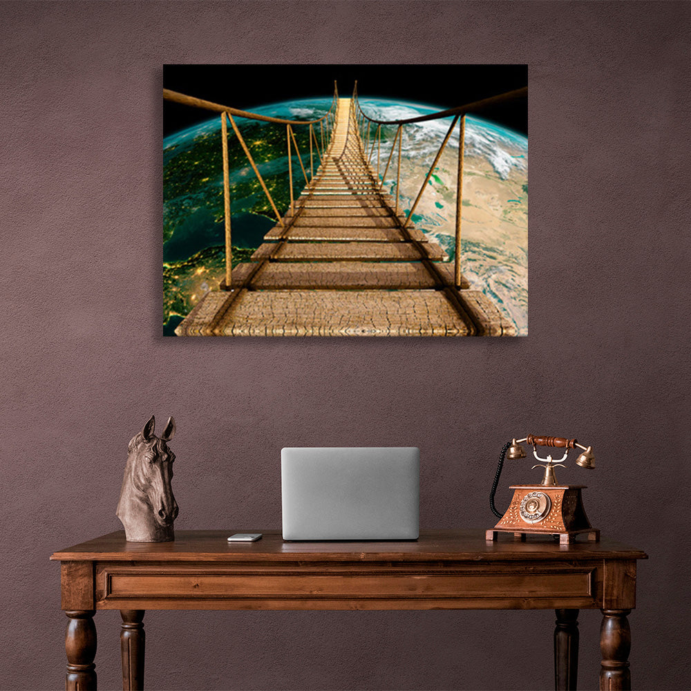 A rope bridge over planet Earth Canvas Wall Art Print