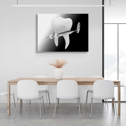 A white tooth with a dental instrument in his hands Canvas Wall Art Print