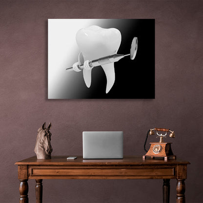 A white tooth with a dental instrument in his hands Canvas Wall Art Print