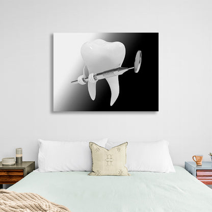 A white tooth with a dental instrument in his hands Canvas Wall Art Print