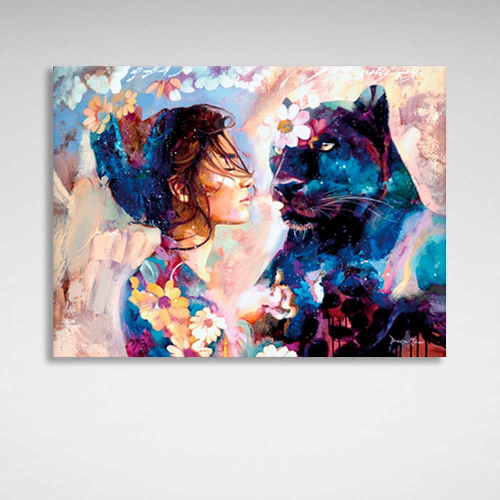 A girl and a black leopard Canvas Wall Art Print