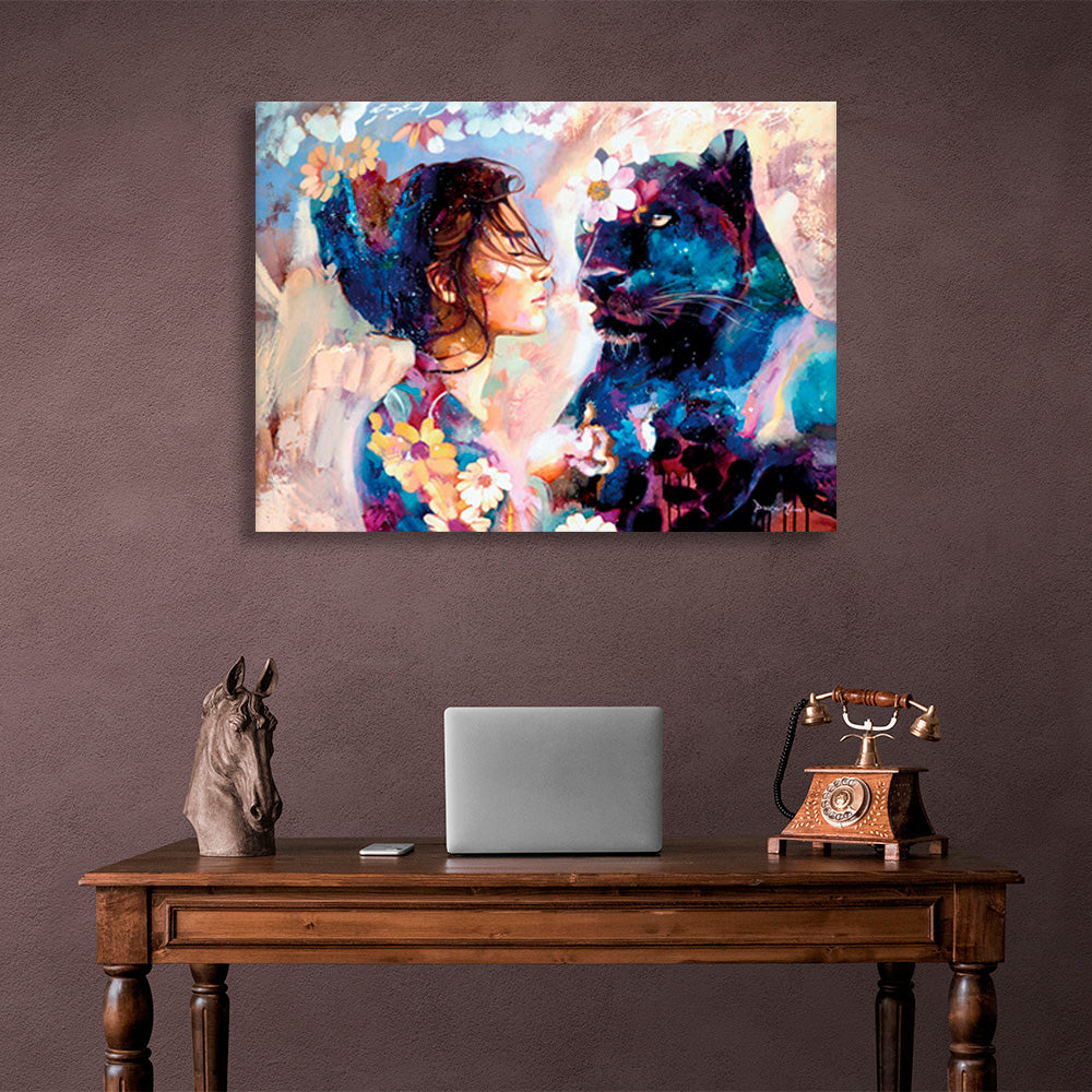 A girl and a black leopard Canvas Wall Art Print