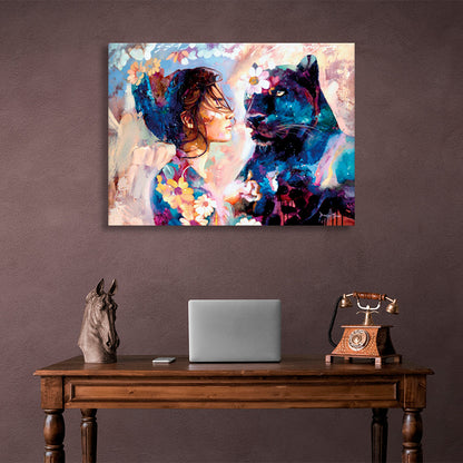 A girl and a black leopard Canvas Wall Art Print