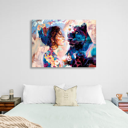 A girl and a black leopard Canvas Wall Art Print