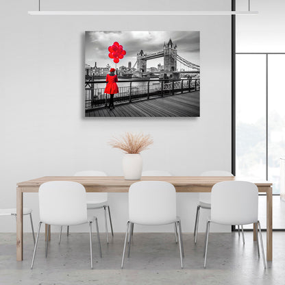 A woman in a red coat and red balloons in the background of London Bridge Canvas Wall Art Print