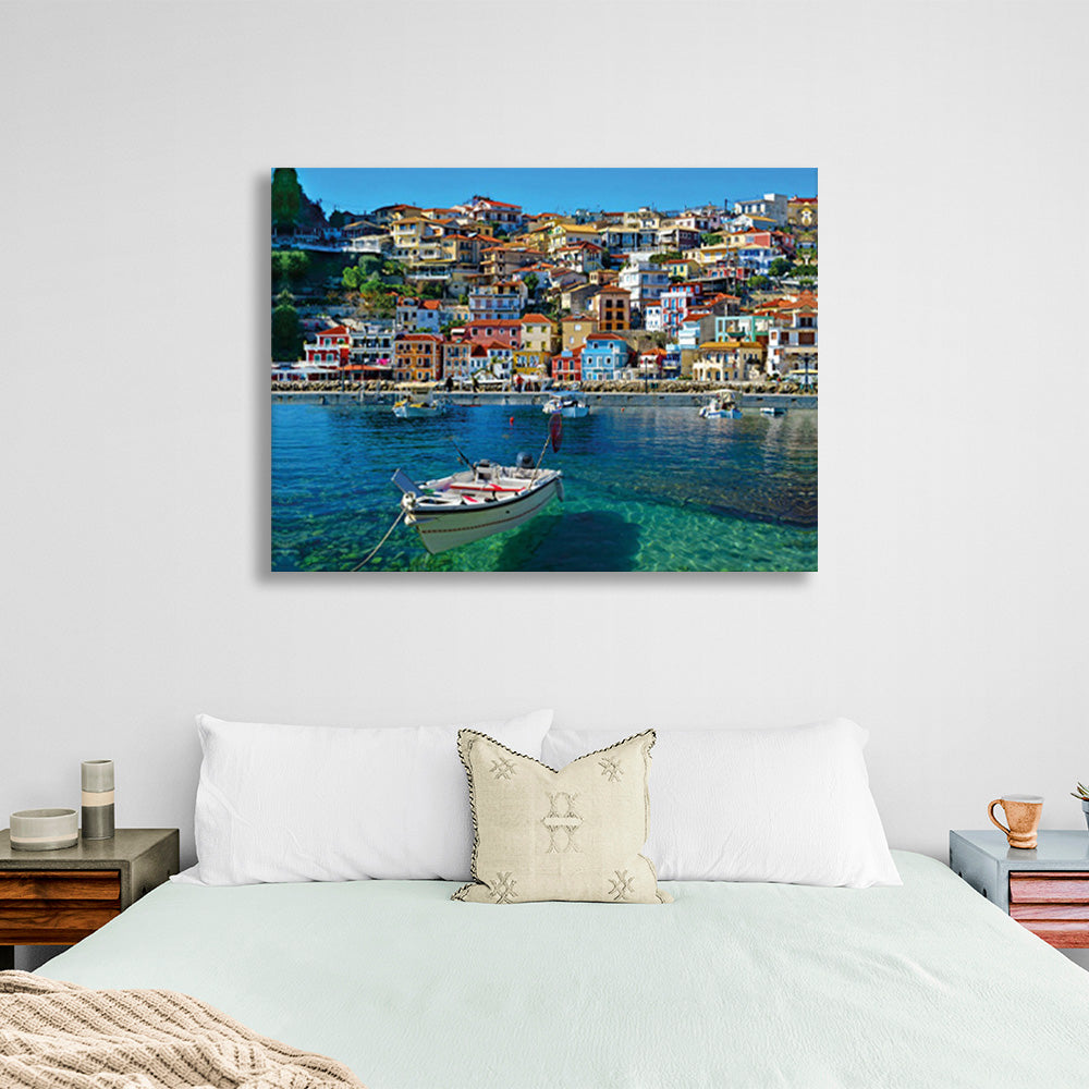 A boat in an incredibly clear sea against the backdrop of a brightly colored city Canvas Wall Art Print