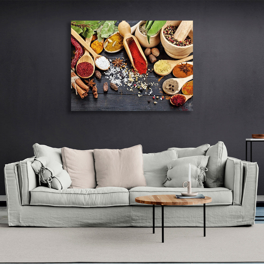 Spoon spices and savories into wooden bowls Canvas Wall Art Print For Kitchen