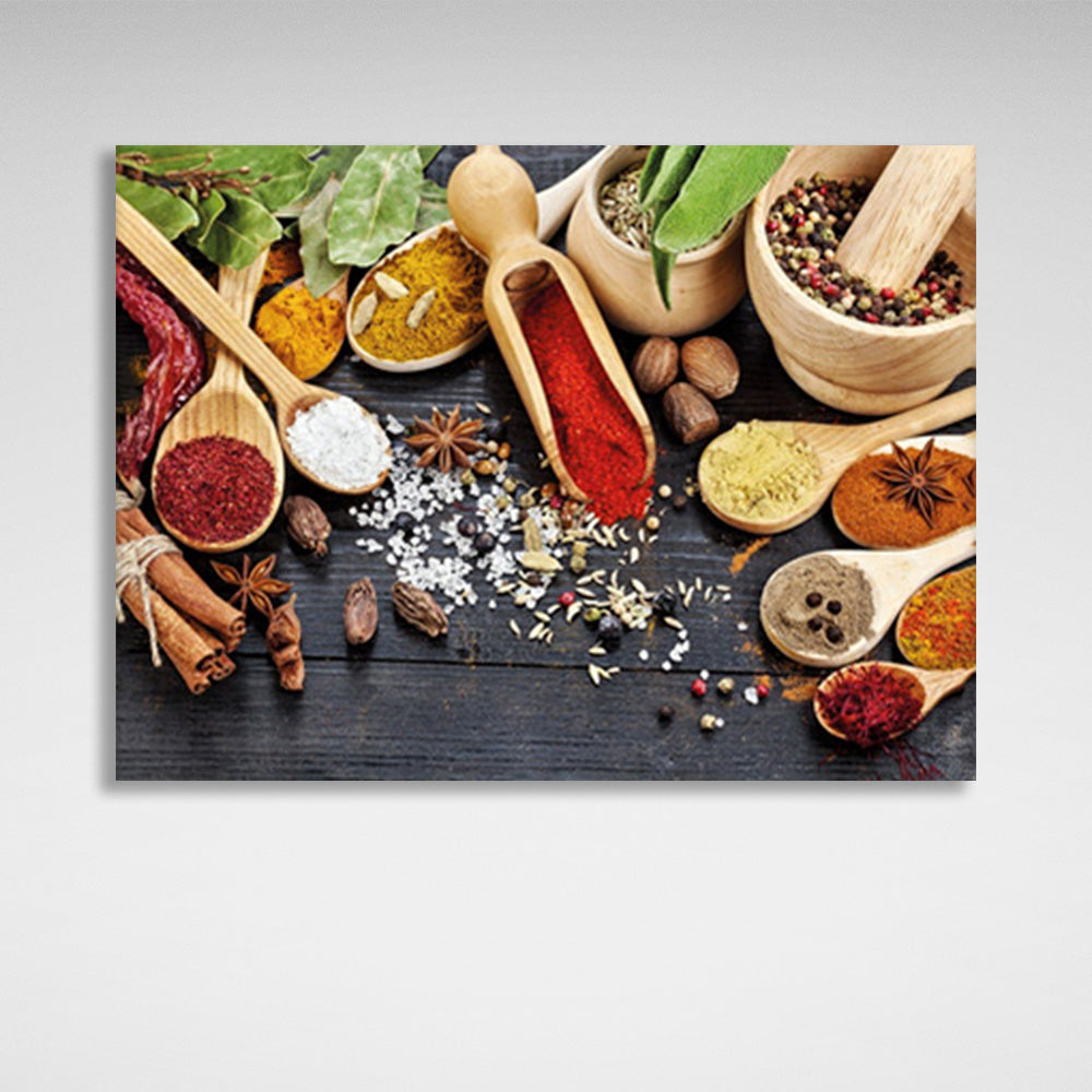 Spoon spices and savories into wooden bowls Canvas Wall Art Print For Kitchen