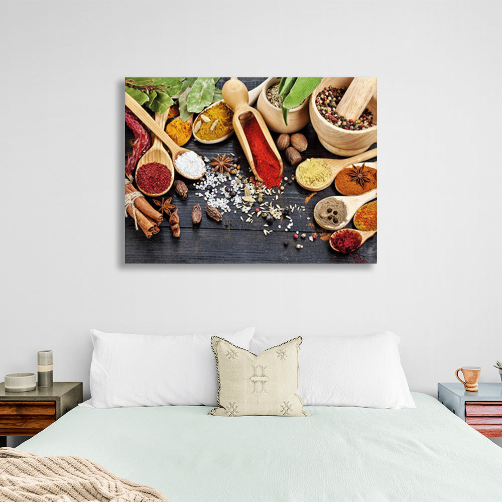 Spoon spices and savories into wooden bowls Canvas Wall Art Print For Kitchen