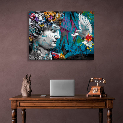 A Greek sculpture and a dove with a rose Canvas Wall Art Print