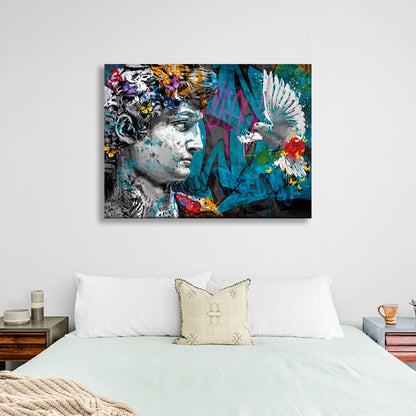 A Greek sculpture and a dove with a rose Canvas Wall Art Print