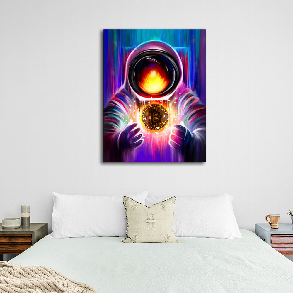 Cosmonaut and Bitcoin coin Motivational Canvas Wall Art Print