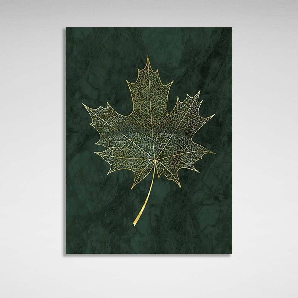 Canvas Wall Art Print Golden maple leaf on dark green background