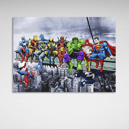 Canvas Wall Art Print Marvel and DC heroes on top of a skyscraper