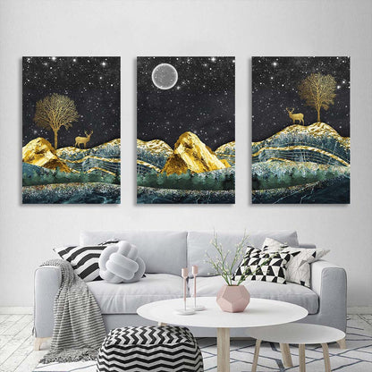 Multi Panel Canvas Wall Art Print Golden deer on the background of the starry sky