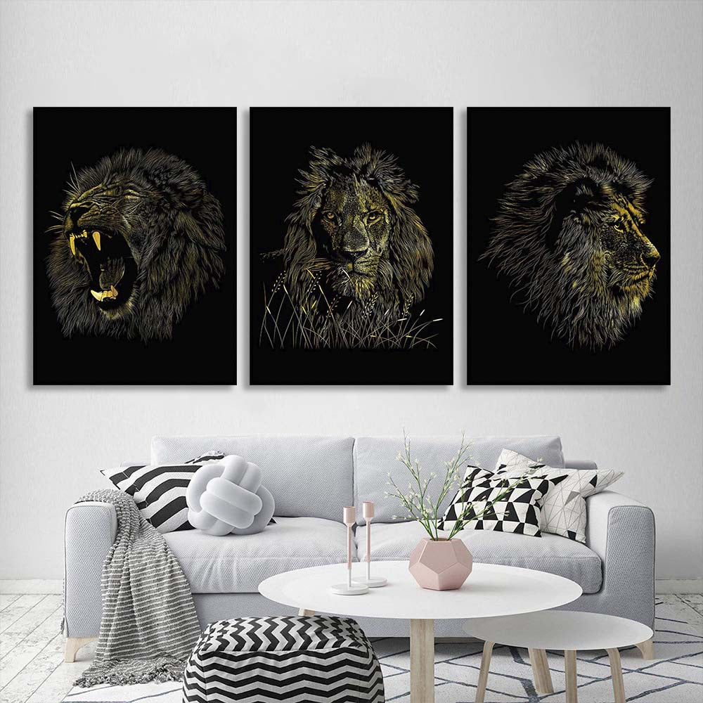 Multi Panel Canvas Wall Art Print Lion's head on a black background