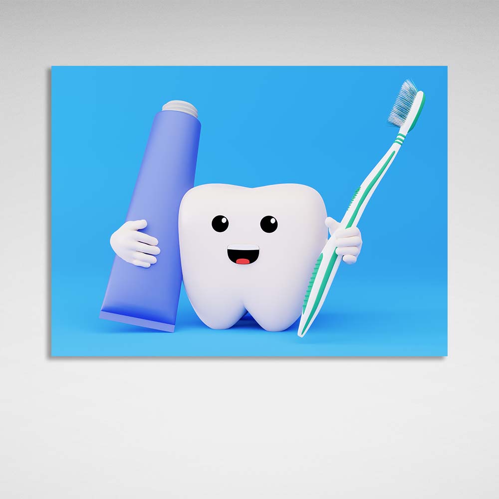 For dentistry tooth with brush and paste on blue background Canvas Wall Art Print