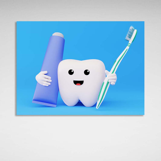 For dentistry tooth with brush and paste on blue background Canvas Wall Art Print