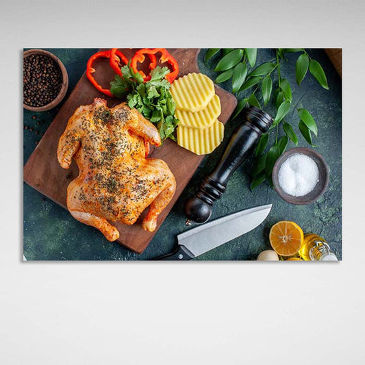 Canvas Wall Art Print For Kitchen Grilled chicken with vegetables on a board horizontal